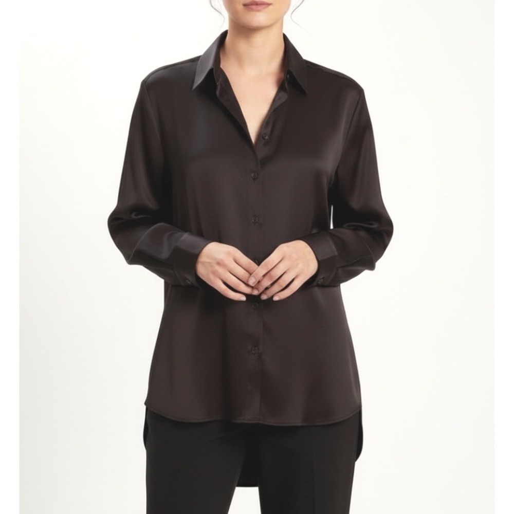 GIANNI BINI Button-Up Shirt THICK SATIN FLOWY DRESSY Crystal Button Trim SIZE S
